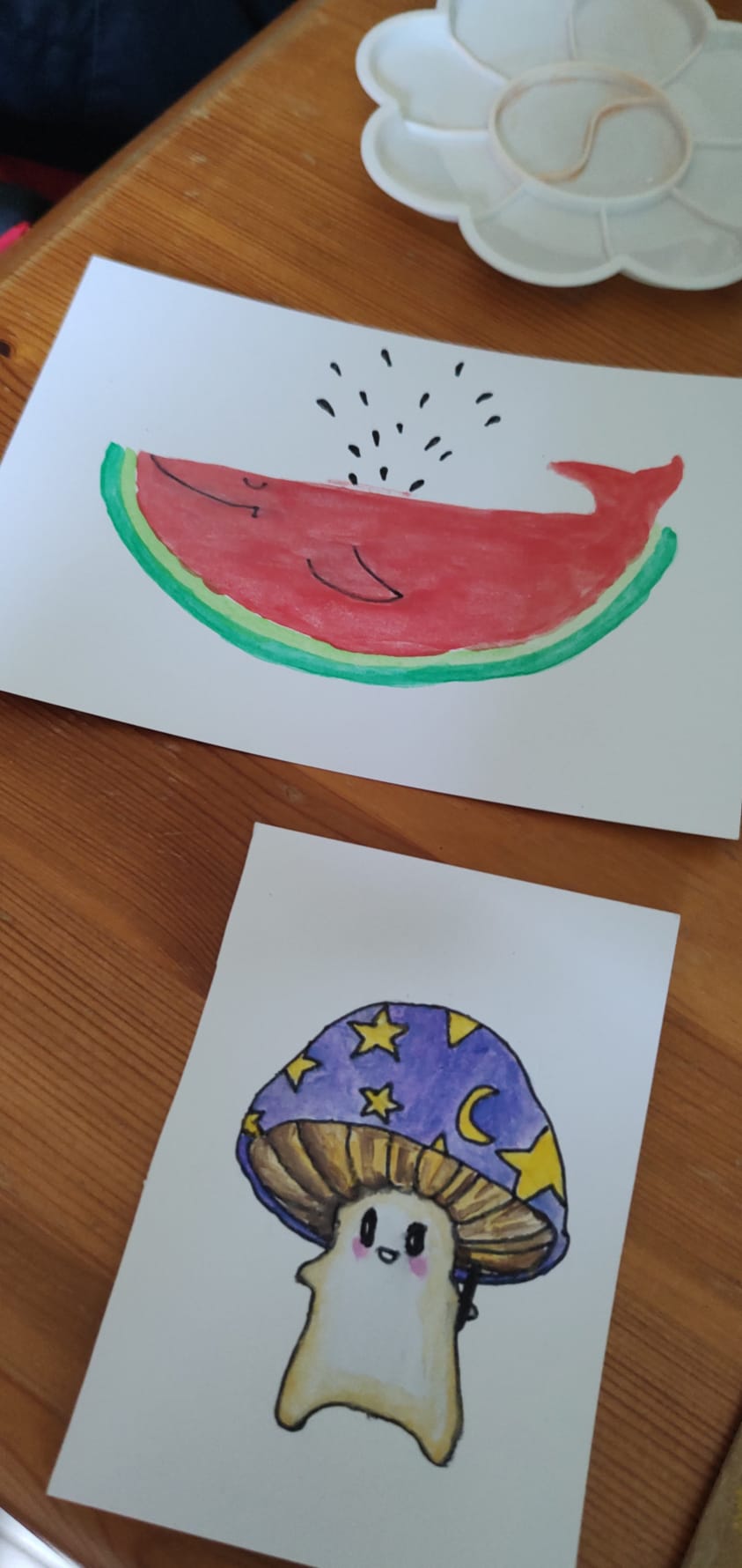 Aquarel illustraties watermeloen en paddenstoel